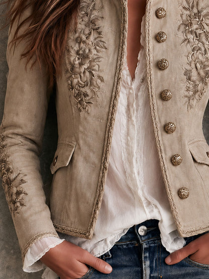Women's Beige Embroidered Suede-Look Jacket - Beige
