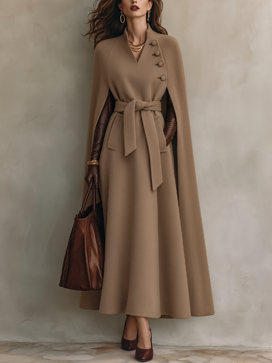 Women's Belted Cape Maxi Coat - Camel