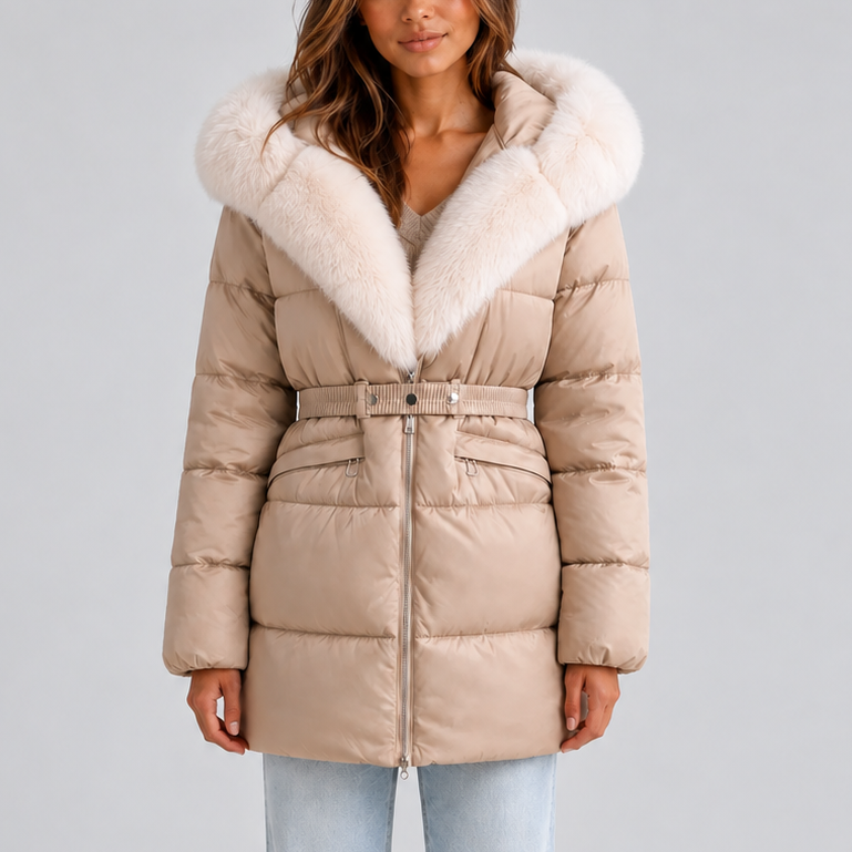 Women's Belted Faux Fur Trim Puffer Coat - Beige