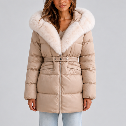 Women's Belted Faux Fur Trim Puffer Coat - Beige