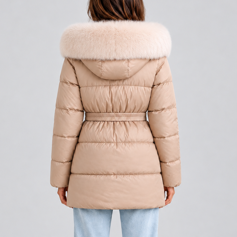 Women's Belted Faux Fur Trim Puffer Coat - Beige
