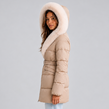 Women's Belted Faux Fur Trim Puffer Coat - Beige