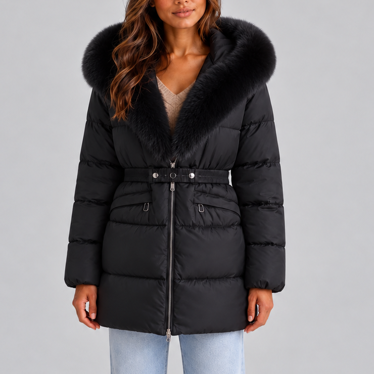 Women's Belted Faux Fur Trim Puffer Coat - Black