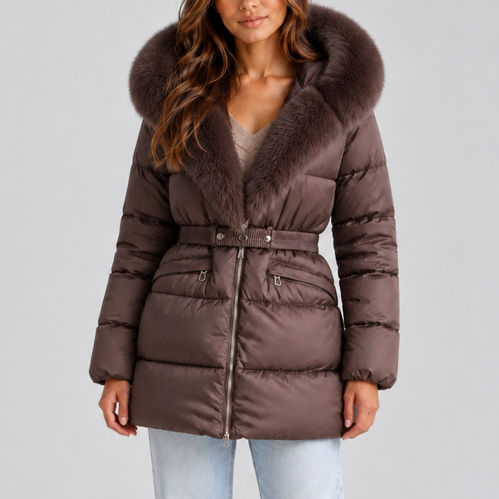 Women's Belted Faux Fur Trim Puffer Coat - Brown
