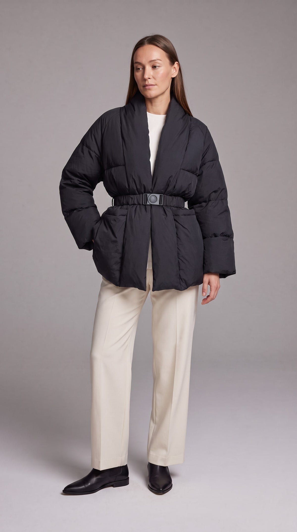 Women's Belted Hip-Length Puffer Coat - Black
