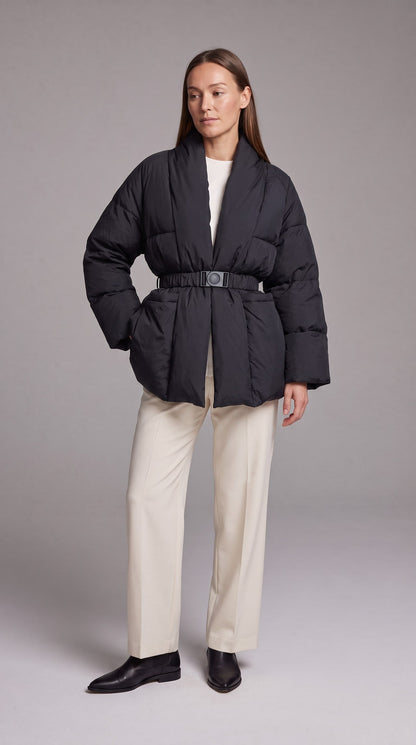 Women's Belted Hip-Length Puffer Coat - Black