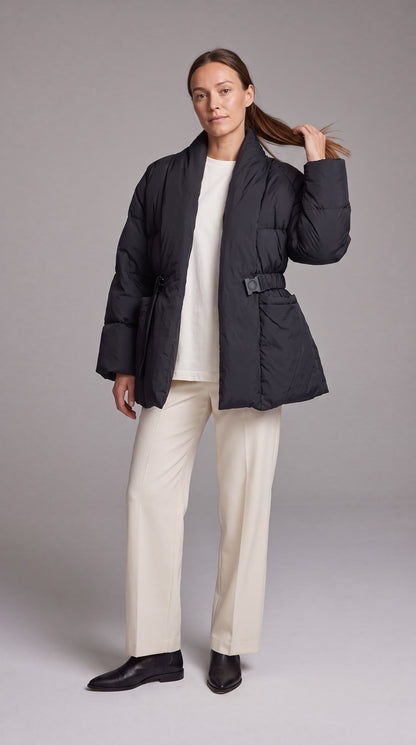 Women's Belted Hip-Length Puffer Coat - Black