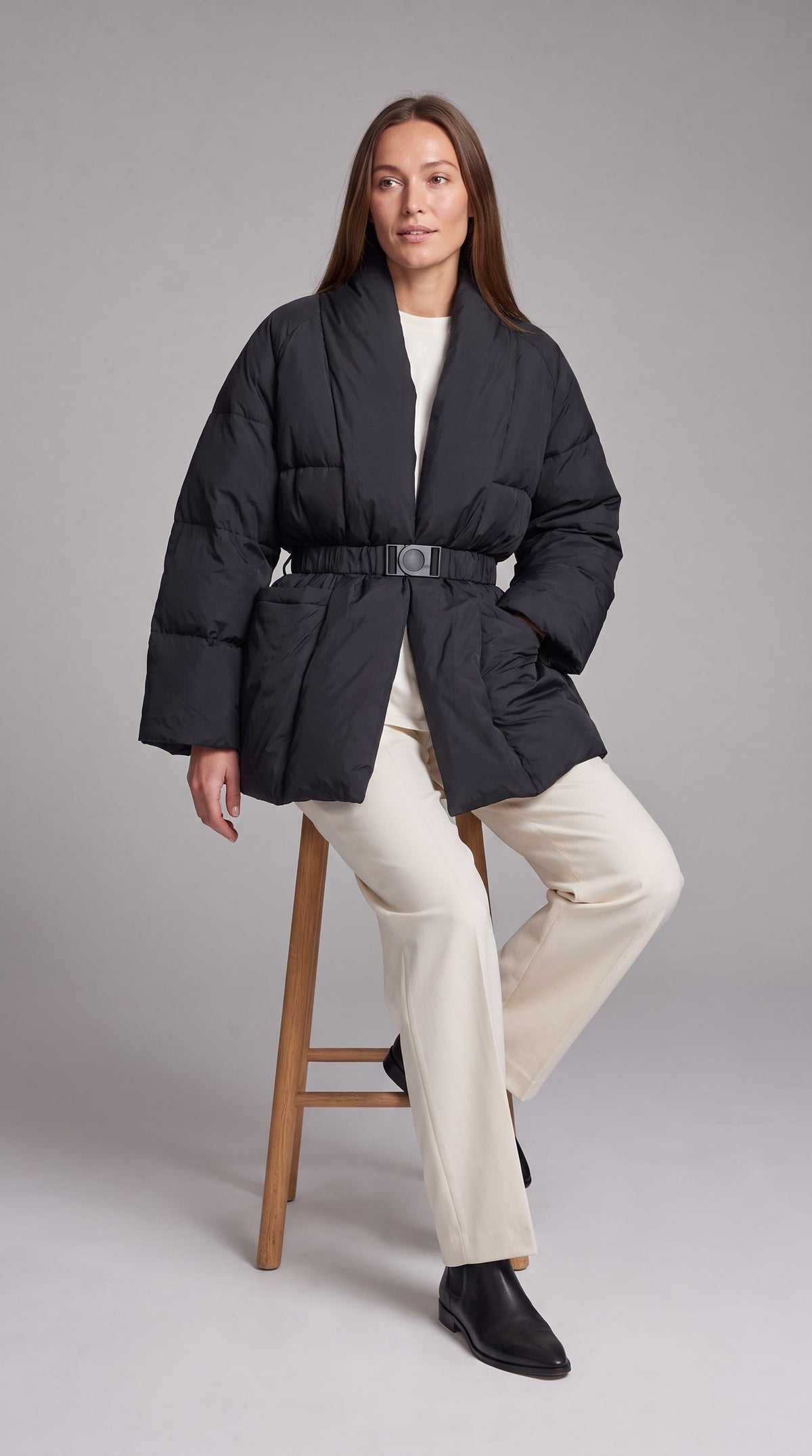 Women's Belted Hip-Length Puffer Coat - Black