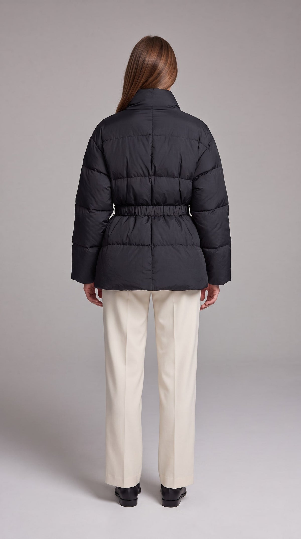 Women's Belted Hip-Length Puffer Coat - Black