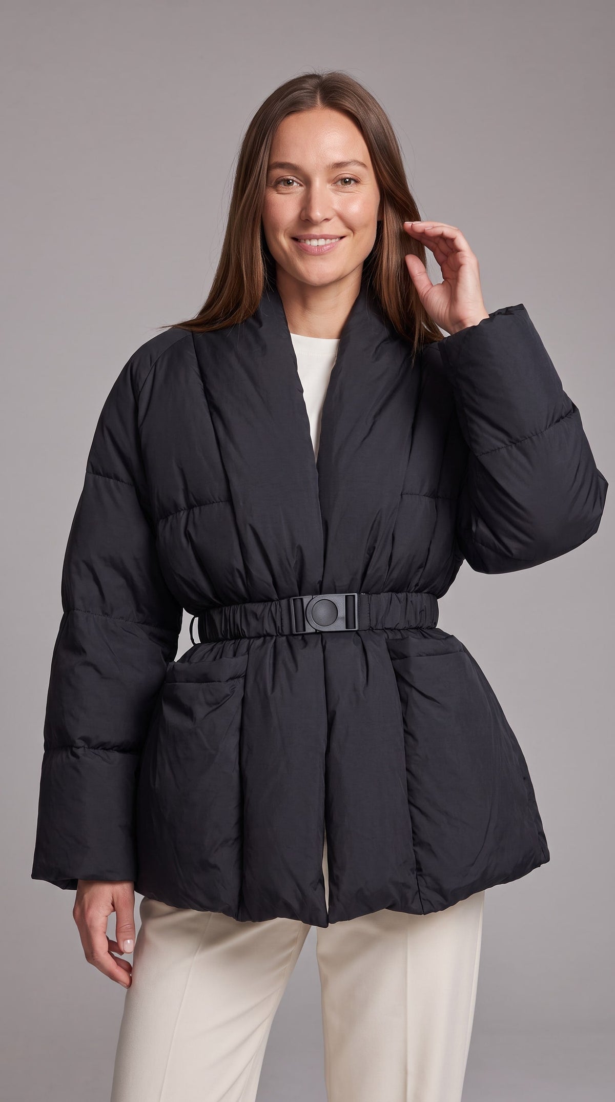 Women's Belted Hip-Length Puffer Coat - Black