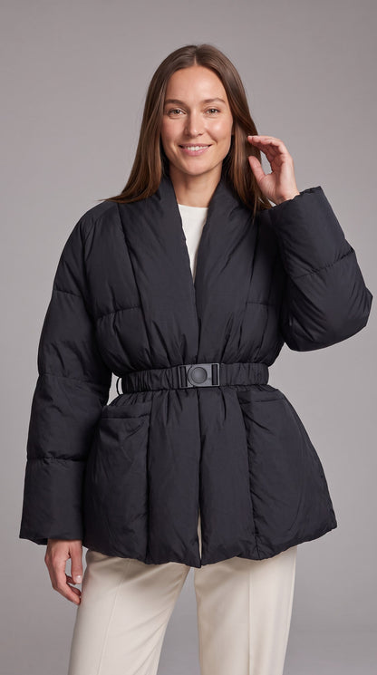 Women's Belted Hip-Length Puffer Coat - Black