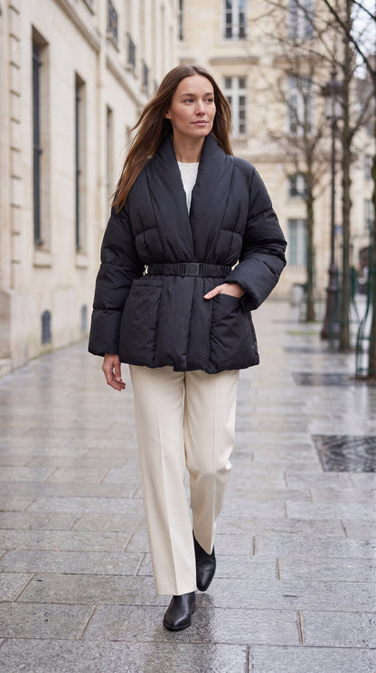 Women's Belted Hip-Length Puffer Coat - Black