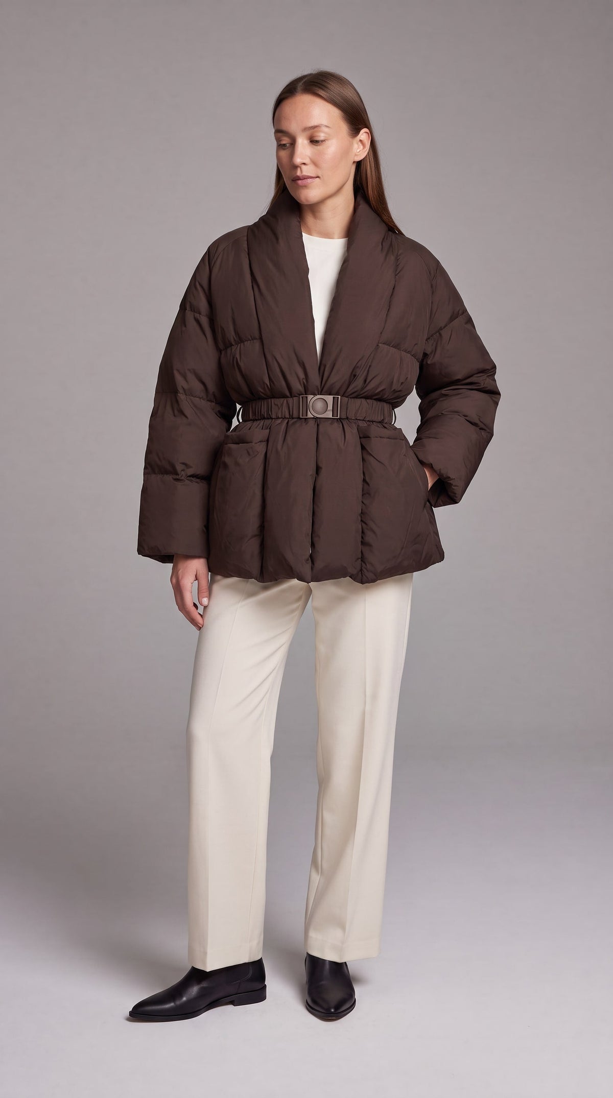 Women's Belted Hip-Length Puffer Coat - Brown