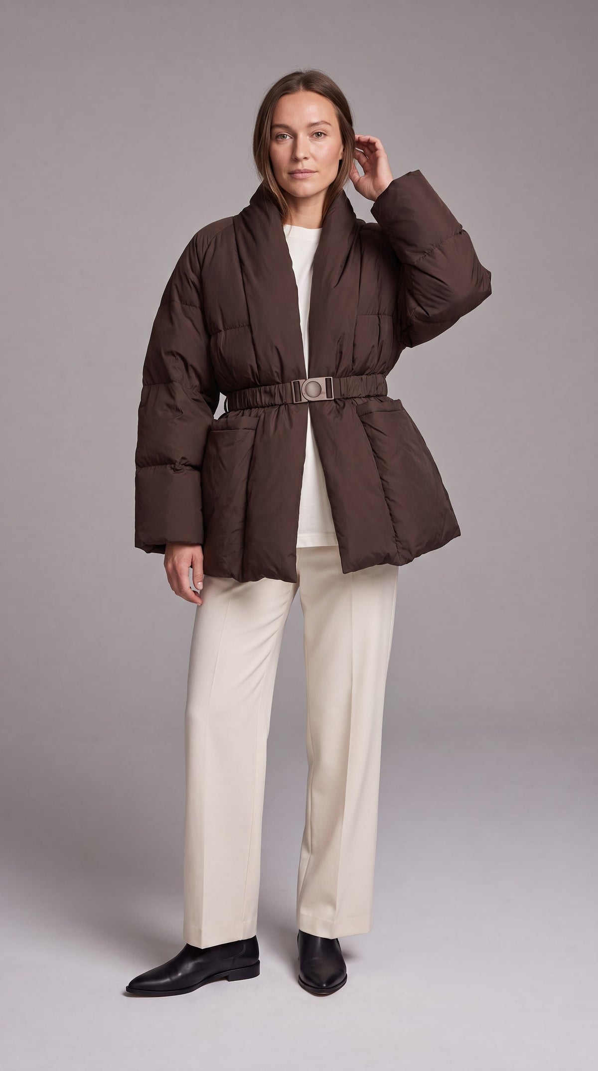 Women's Belted Hip-Length Puffer Coat - Brown