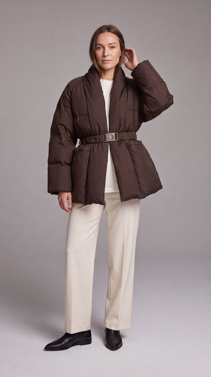 Women's Belted Hip-Length Puffer Coat - Brown