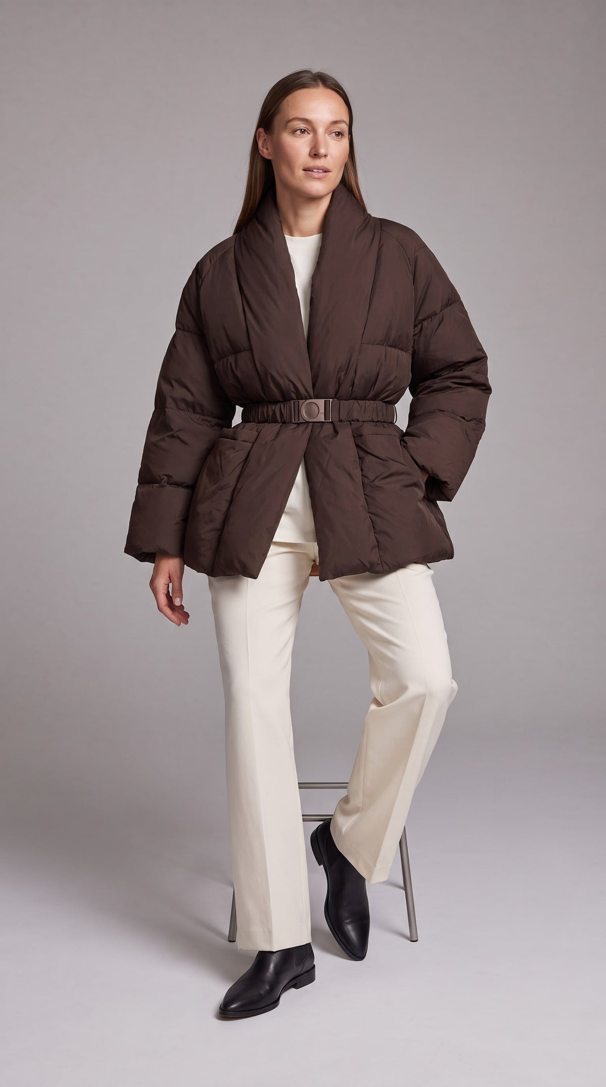 Women's Belted Hip-Length Puffer Coat - Brown