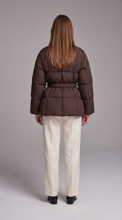 Women's Belted Hip-Length Puffer Coat - Brown