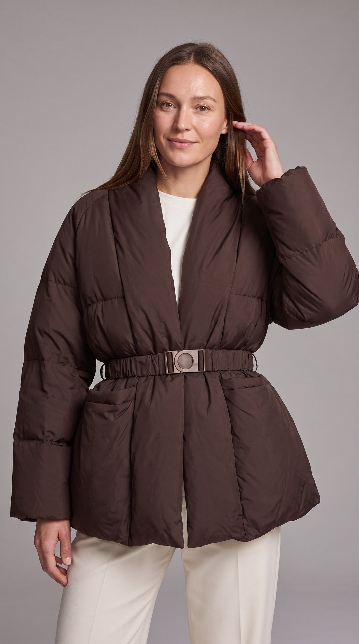 Women's Belted Hip-Length Puffer Coat - Brown