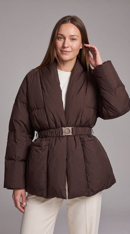Women's Belted Hip-Length Puffer Coat - Brown