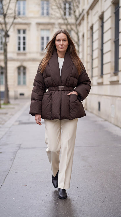 Women's Belted Hip-Length Puffer Coat - Brown