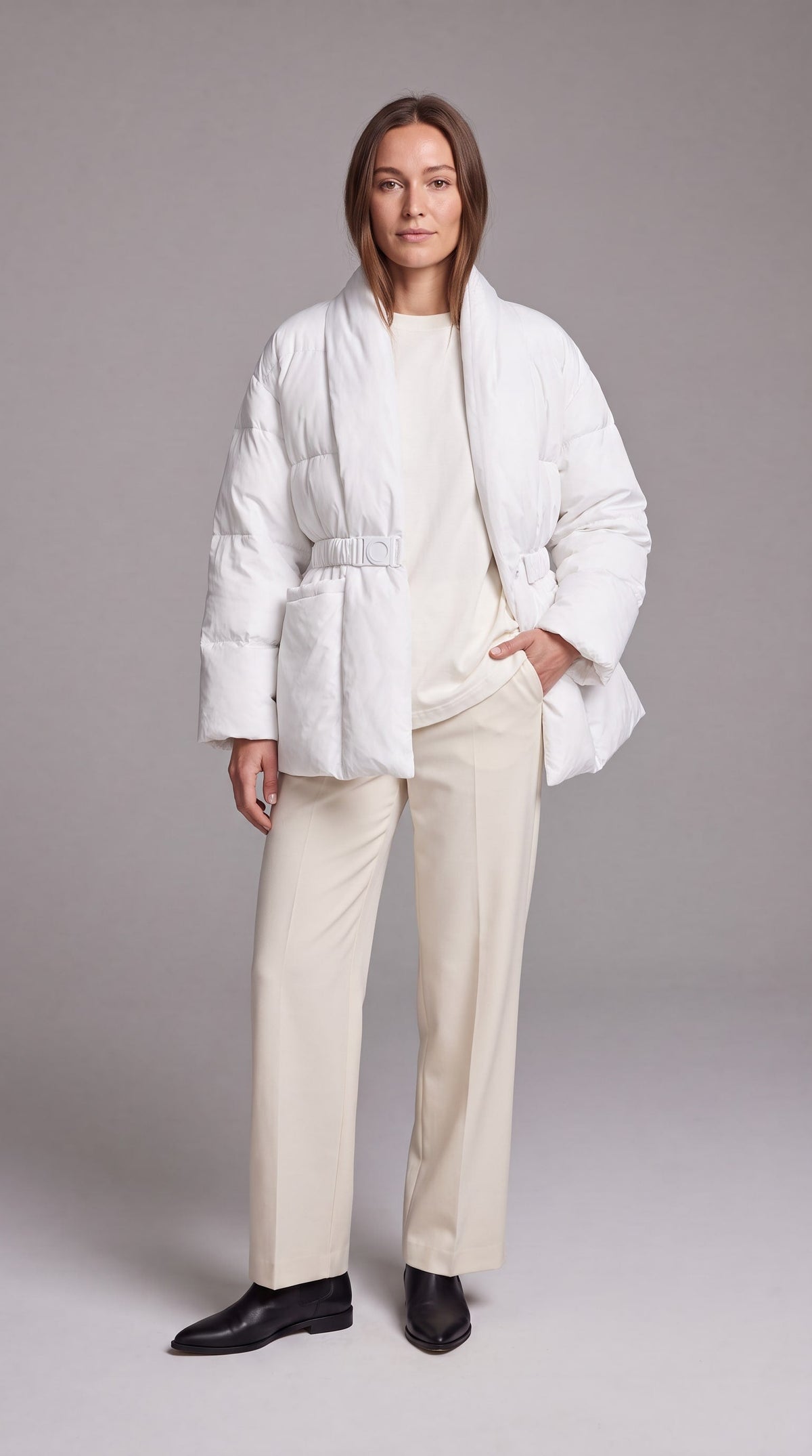 Women's Belted Hip-Length Puffer Coat - White