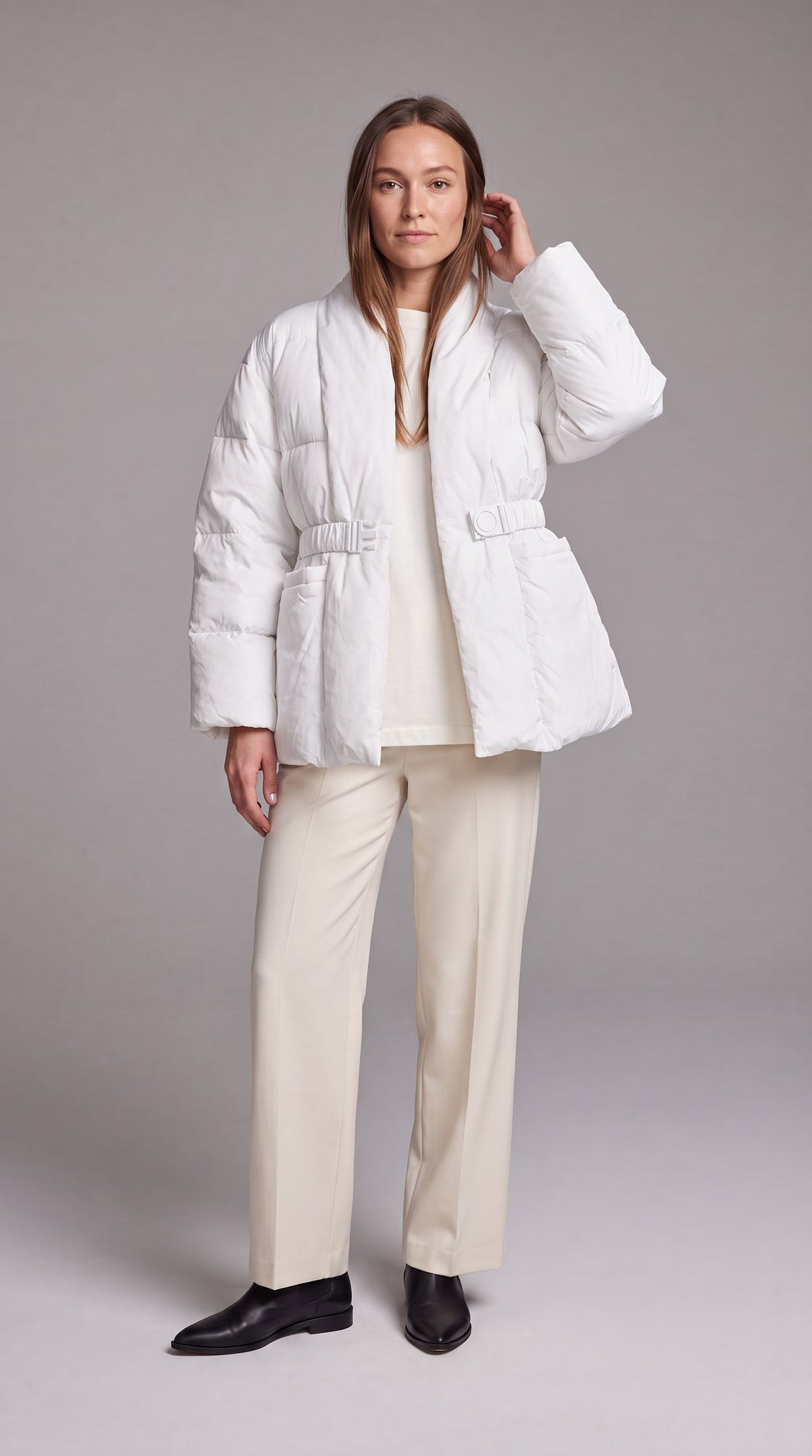 Women's Belted Hip-Length Puffer Coat - White