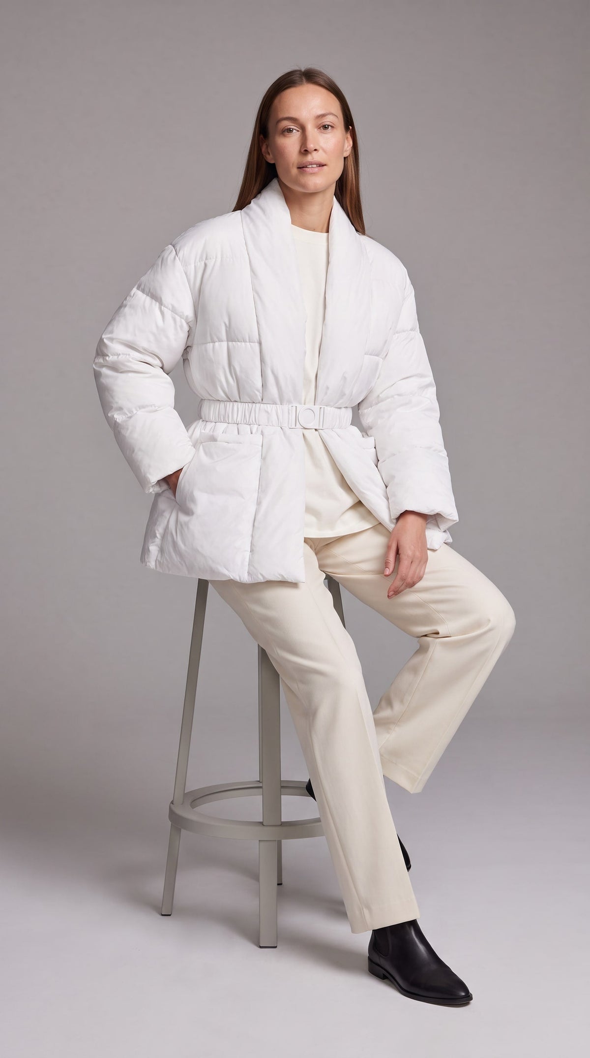 Women's Belted Hip-Length Puffer Coat - White