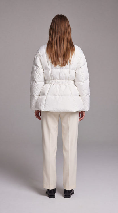 Women's Belted Hip-Length Puffer Coat - White
