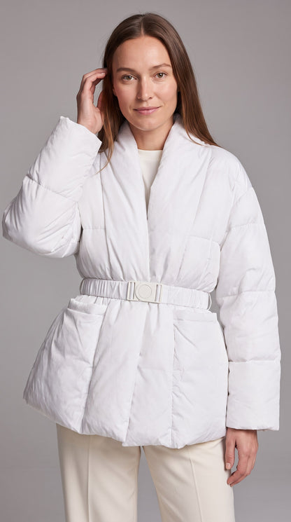 Women's Belted Hip-Length Puffer Coat - White