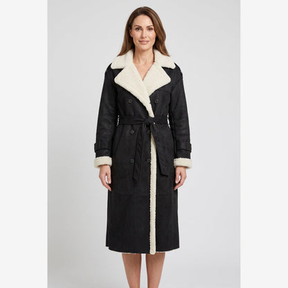 Women's Belted Longline Aviator Coat - Black