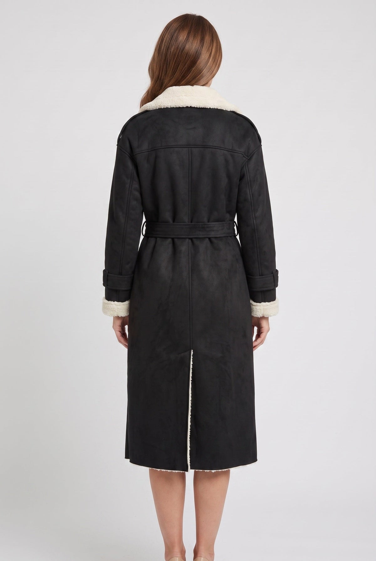 Women's Belted Longline Aviator Coat - Black