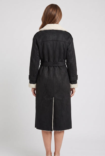 Women's Belted Longline Aviator Coat - Black