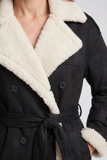 Women's Belted Longline Aviator Coat - Black