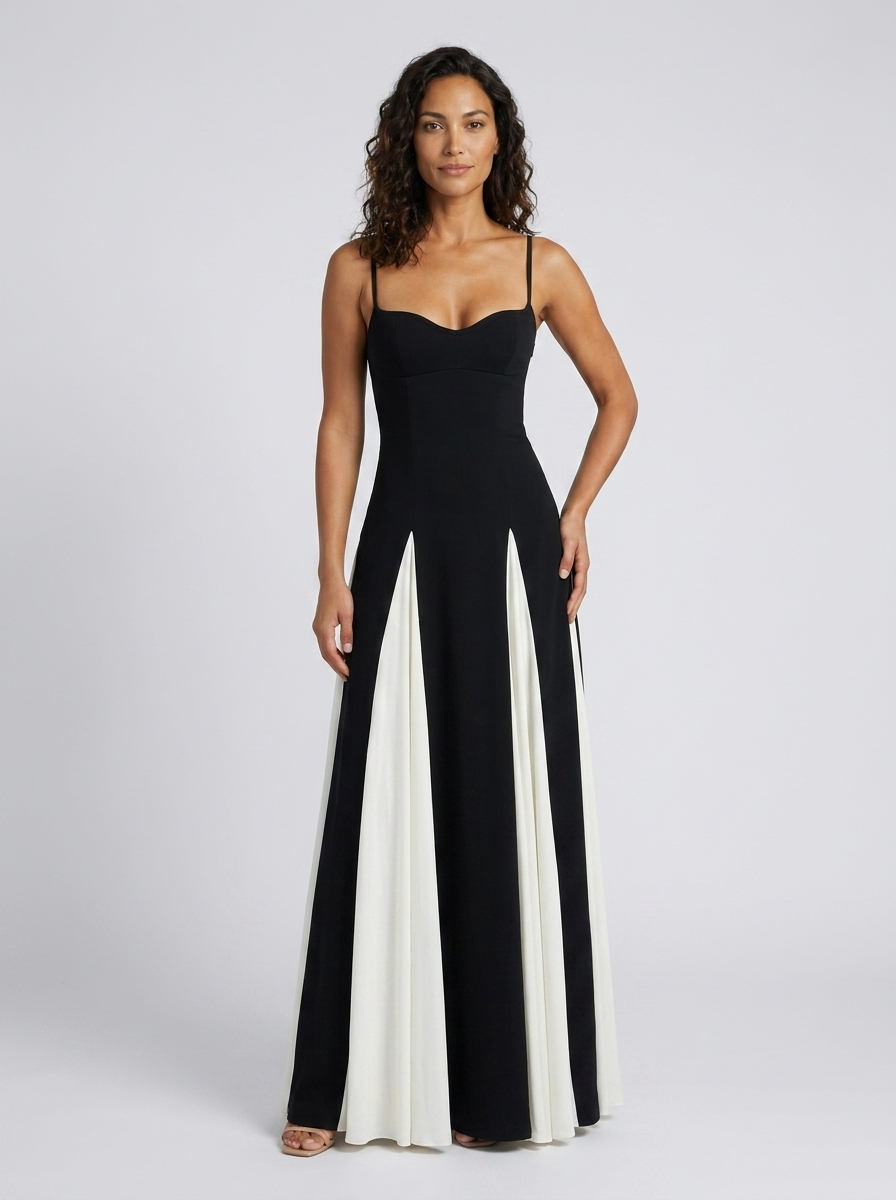 Women's Black and White Contrast Panel Sweetheart Maxi Dress - Black and White