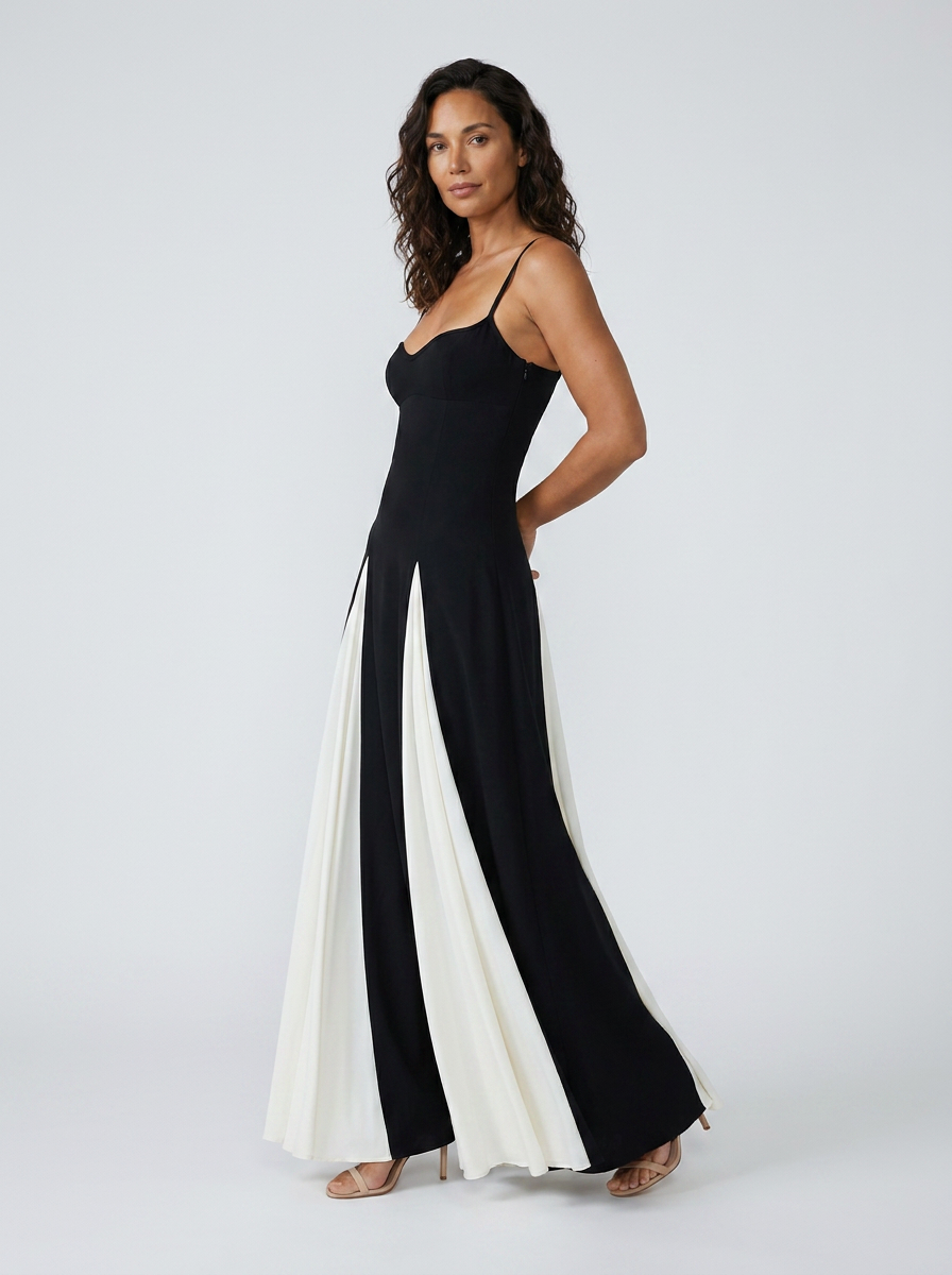 Women's Black and White Contrast Panel Sweetheart Maxi Dress - Black and White
