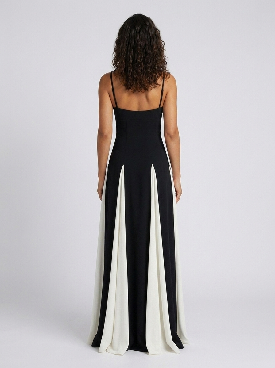 Women's Black and White Contrast Panel Sweetheart Maxi Dress - Black and White