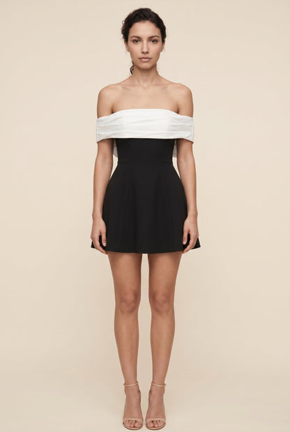Women's Black and White Off-Shoulder Cocktail Mini Dress - Black and White