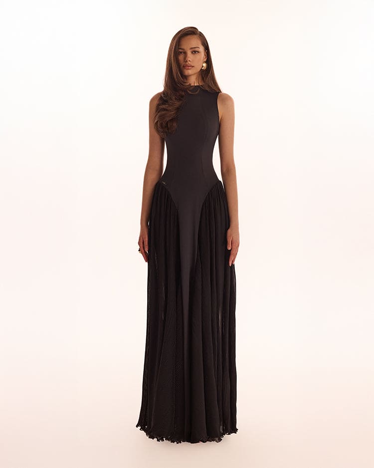 Women's Black Maxi Dress with Mock Neck and Fringed Hem - Black