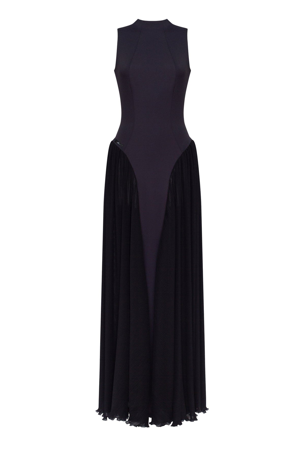 Women's Black Maxi Dress with Mock Neck and Fringed Hem - Black