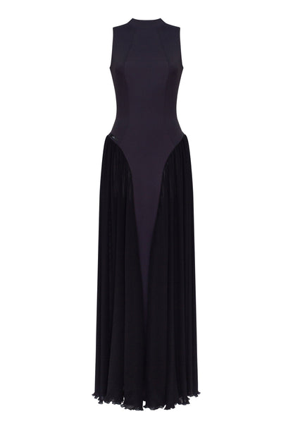 Women's Black Maxi Dress with Mock Neck and Fringed Hem - Black