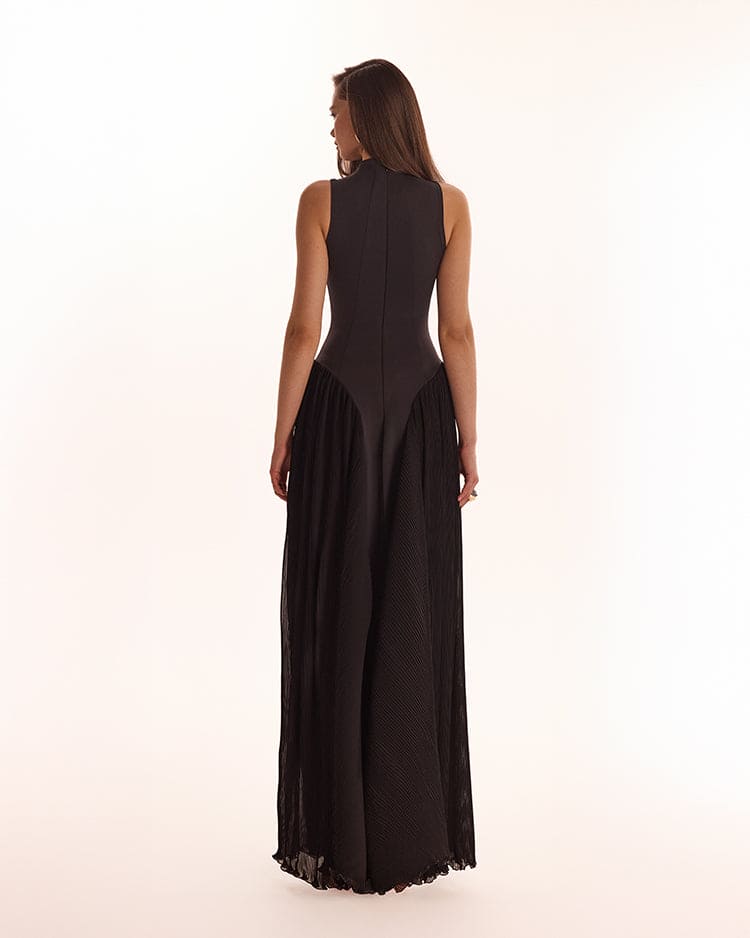 Women's Black Maxi Dress with Mock Neck and Fringed Hem - Black