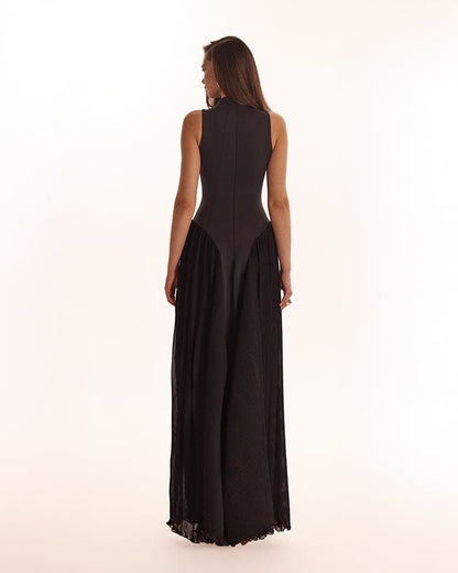 Women's Black Maxi Dress with Mock Neck and Fringed Hem - Black
