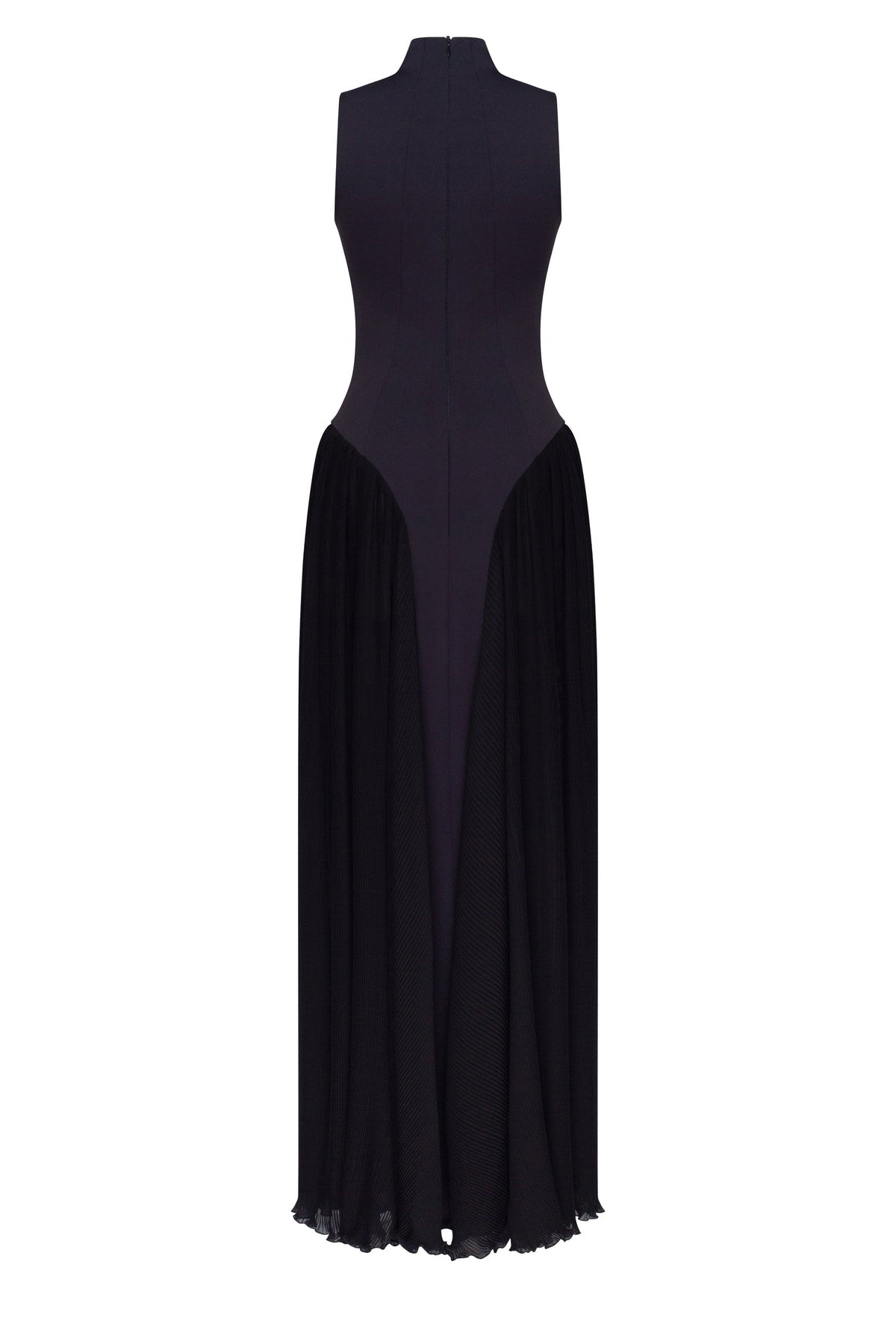 Women's Black Maxi Dress with Mock Neck and Fringed Hem - Black