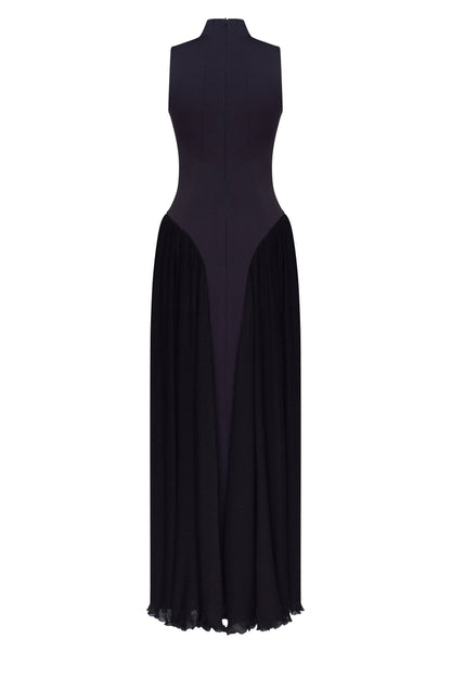 Women's Black Maxi Dress with Mock Neck and Fringed Hem - Black