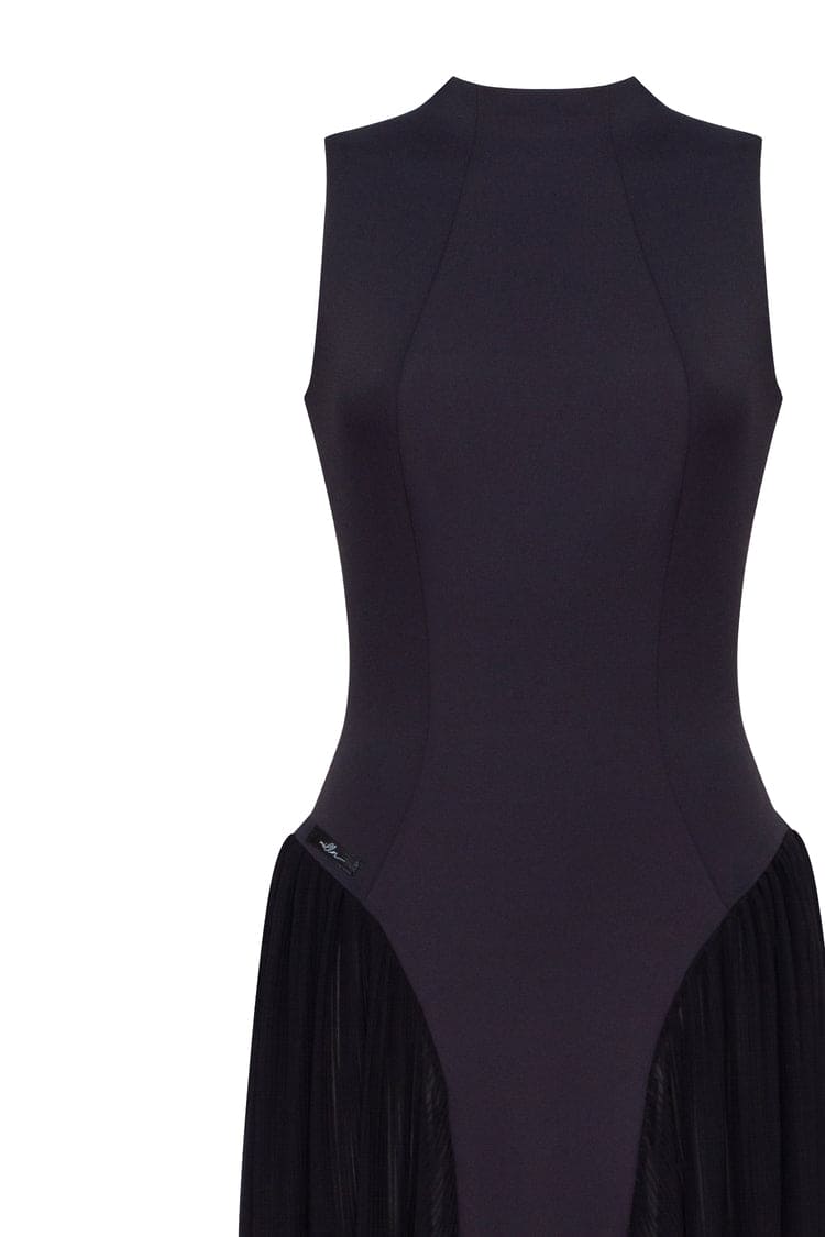 Women's Black Maxi Dress with Mock Neck and Fringed Hem - Black