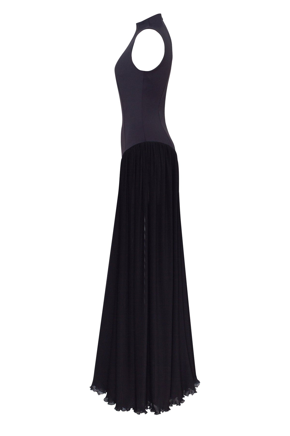 Women's Black Maxi Dress with Mock Neck and Fringed Hem - Black