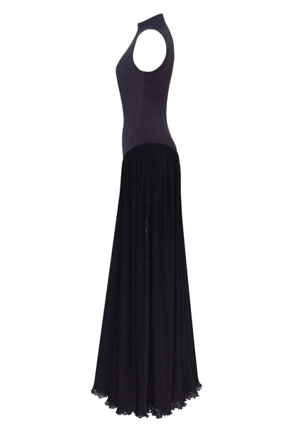 Women's Black Maxi Dress with Mock Neck and Fringed Hem - Black