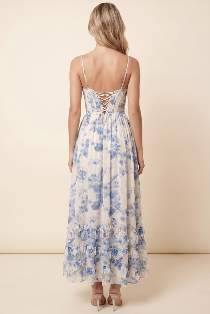 Women's Boned Corset Lace-Up Back Ruffle Maxi Dress - Blue and Ivory Floral