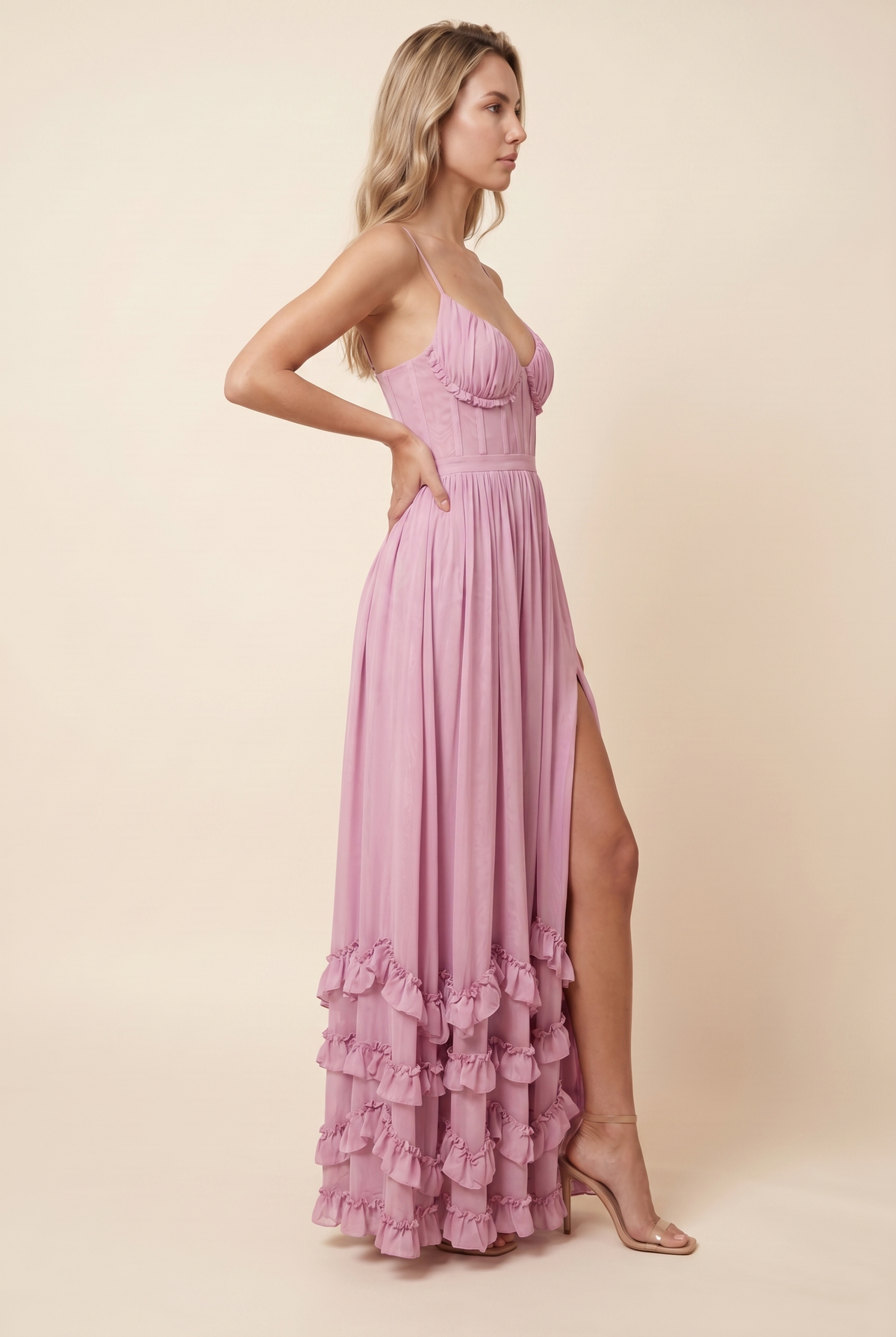 Women's Boned Corset Lace-Up Back Ruffle Maxi Dress - Rose Pink