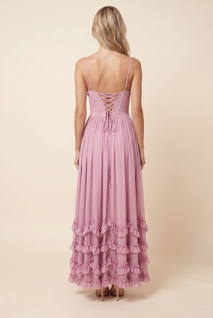 Women's Boned Corset Lace-Up Back Ruffle Maxi Dress - Rose Pink
